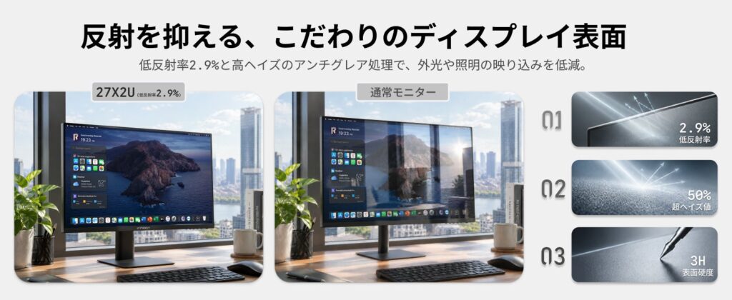 INNOCN 27X2Uの目にやさしい低反射画面